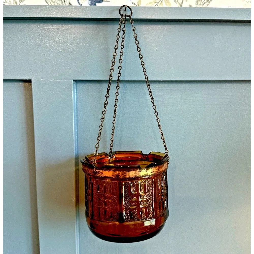 Vintage Amber Glass Hanging Lantern Pot Copper Band Mid Century Modern Tiki Boho